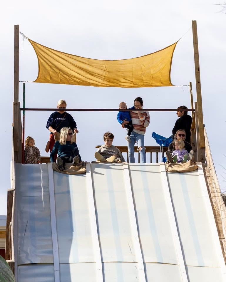 Riding the 150ft mega slide at Endless View Farms