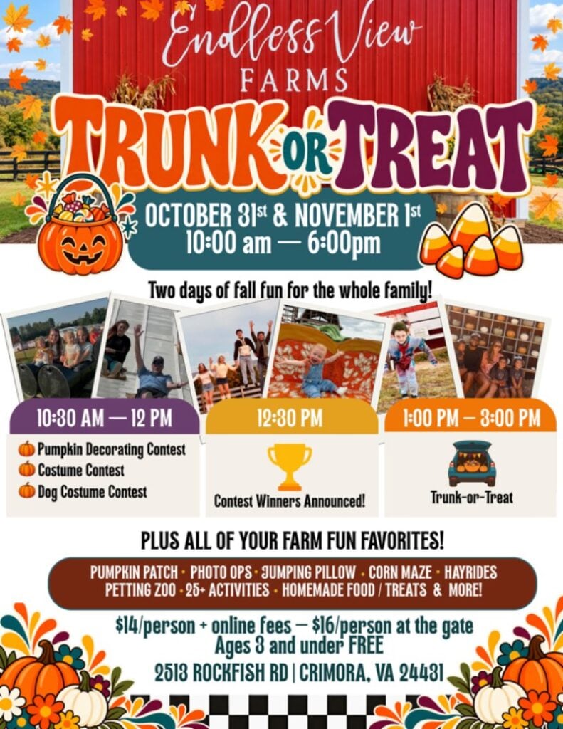 Endless View Farms Trunk-or-Treat flyer for October 31 and November 1, 2026 in Crimora, Virginia, with the schedule of contests and trunk-or-treat times